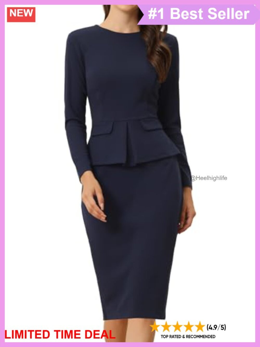 Peplum Sheath Midi Dress Long Sleeve Crew Neck Work Office